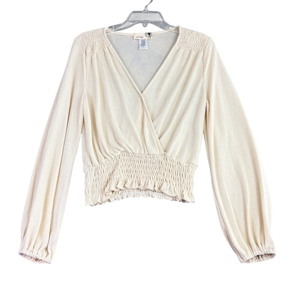 everleigh Tops - Everleigh Womens S‎ Cream Surplice Wrap Top Smocked Waist Bishop Sleeve Casual